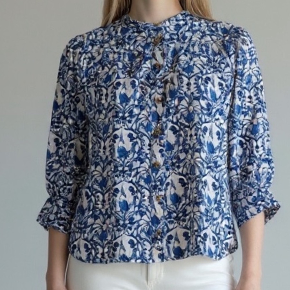NEW Anthropologie Maeve Cockatoo Bird Blouse Button Front Shirt Balloon Sleeve M - Picture 2 of 16